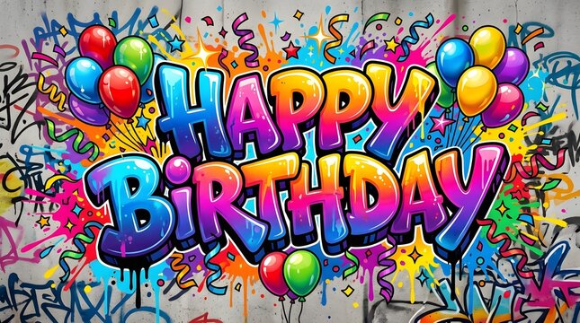 Happy Birthday graffiti lettering with a glowing halo and colorful neon-style forms, creating a cheerful festive composition filled with playful energy.