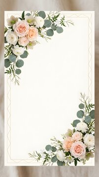 Elegant floral wedding card template featuring soft pink roses and green eucalyptus leaves for invitations