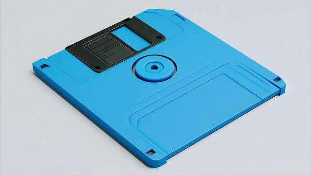 Light blue 3 5 inch floppy disk with black shutter rests on a white surface