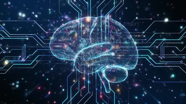 Digital brain-like structure made of light particles and circuits, no human form, futuristic style