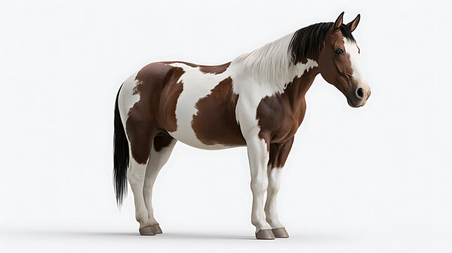 Pinto horse stands in profile against a white background
