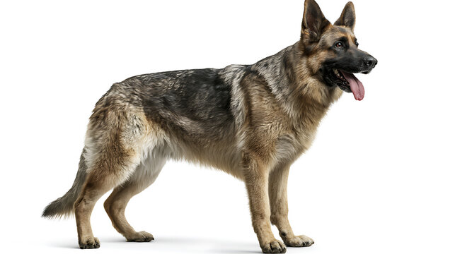 German shepherd dog stands in profile against a white background