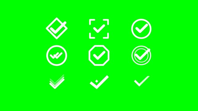Green background displays diamond checkmark, circular checkmark, and bracket icons