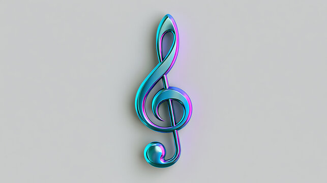 A metallic treble clef displays a vibrant blue green and purple gradient