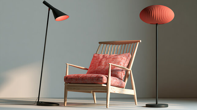 Wooden armchair with coral cushion and floor lamps illuminates a modern interior