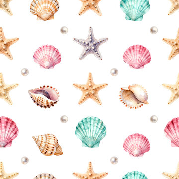 Seamless pattern with watercolor seashells, starfish and pearls