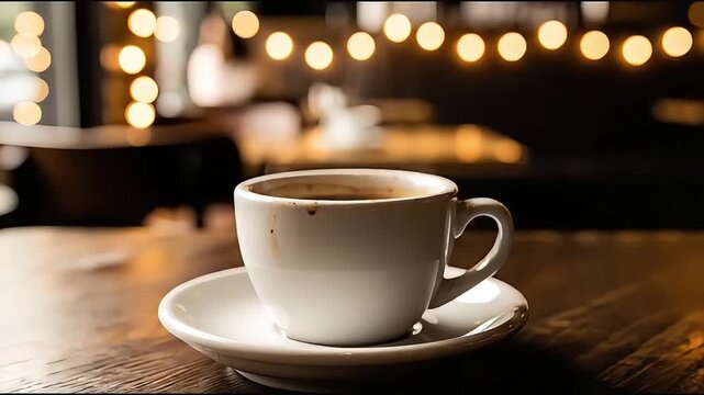 Close-up footage of steaming hot black coffee with rich crema in a white ceramic cup.
