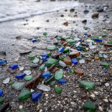 Colorful Sea Beach Glass Pebbles on Wet Sand Coastline Macro Close Up