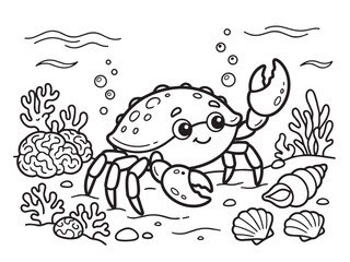 Fototapeta premium Coloring Page Cute cartoon crab with glasses underwater surrounded by coral and shells
