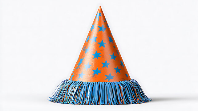 Orange party hat with blue stars and fringe on a white background