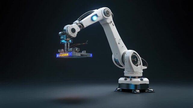 Futuristic robotic arm operating in dark environment, no humans, precision automation concept