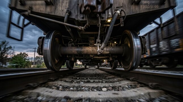 Train wheels on tracks close up.