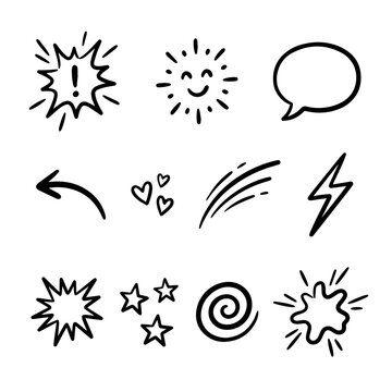 Hand drawn comic doodles set with sun speech bubble and lightning bolt