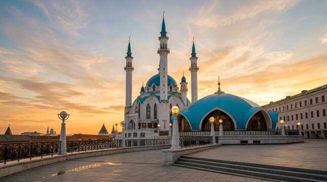 Kul Sharif mosque at sunset in the Kazan Kremlin, Tatarstan, Russia.