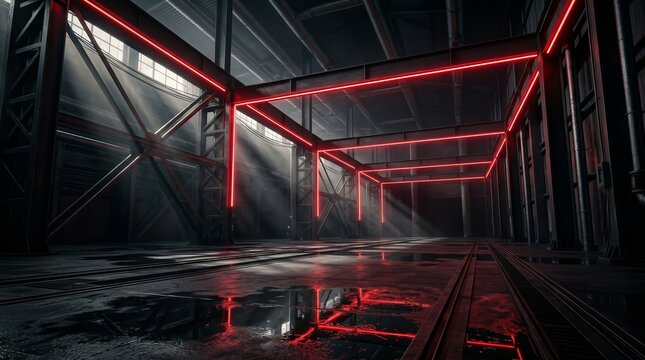 Panoramic view of a large empty dark warehouse with red LED neon lighting and industrial design.