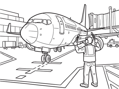 Coloring Page Airport worker guides airplane with marshalling wands on tarmac near jet bridge