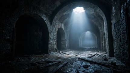 Fototapeta premium Dark spooky underground tunnel in an old abandoned industrial dungeon with low lights.