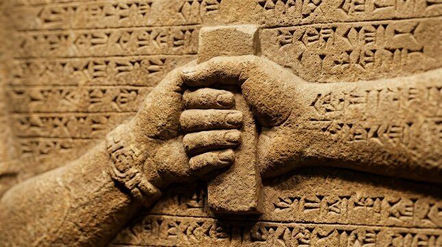 Close up of an Assyrian relief featuring ancient cuneiform script.