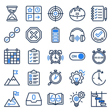Productivity Time Management Icon Set Focus Timer Task List Goal