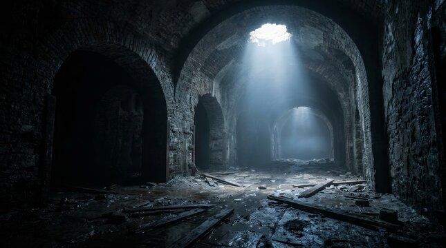 Dark spooky underground tunnel in an old abandoned industrial dungeon with low lights.