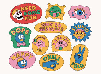 Fototapeta premium Retro groovy sticker set with positive quotes, smiley faces and cute pop elements