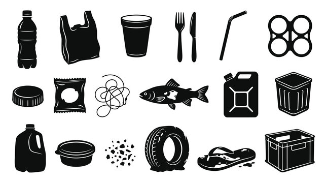 Black  White Glyph Icons of Various Plastic Pollution Objects