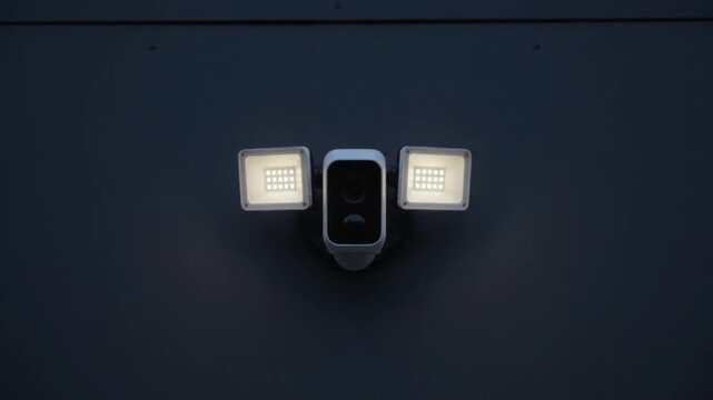 A modern security camera with dual LED floodlights mounted on a dark wall.
