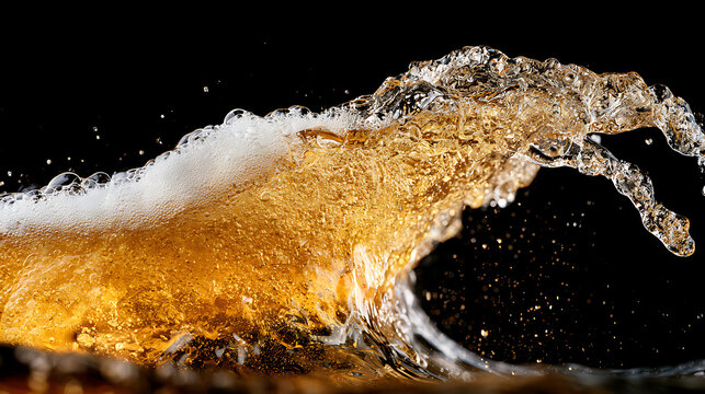 Golden lager beer splash with foamy wave against a black background