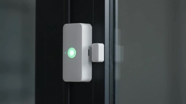 A smart home security sensor attached to a door frame, with a green light indicating it is active.
