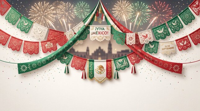 Mexican fiesta garland background with papel picado flags silk ribbons in national flag colors and fireworks