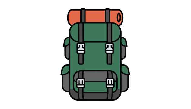 Classic green hiking backpack equipped with a rolled red sleeping mat on top is shown in a clean flat illustration.
