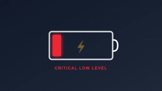 A graphic illustration of a battery icon showing a critical low power level with a lightning bolt symbol.