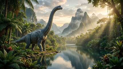 Obraz premium A prehistoric dinosaur stands in a lush Jurassic era jungle near tropical water.