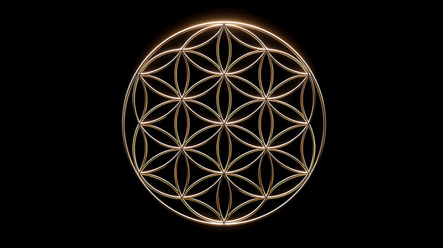 Flower of life geometry illustration with glowing golden lines on black background