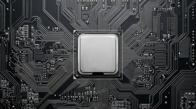 A high-tech CPU processor mounted on a complex dark circuit board.