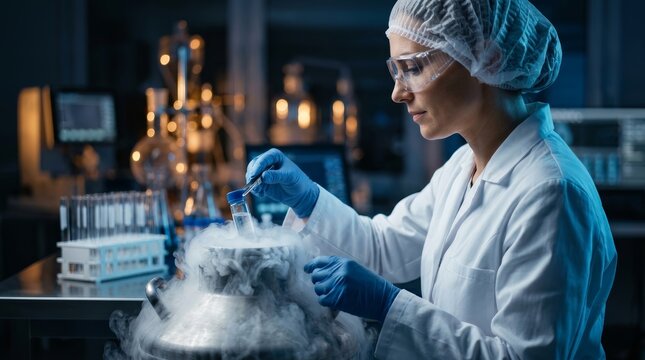 Female medical worker placing a test tube with frozen egg donation into cryo storage in an IVF laboratory.