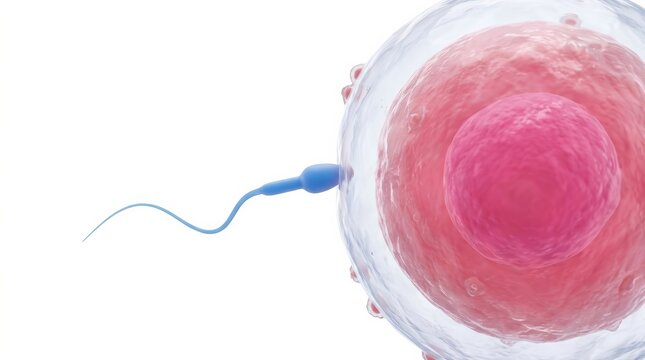 Sperm cell approaching a large ovum in a medical illustration.