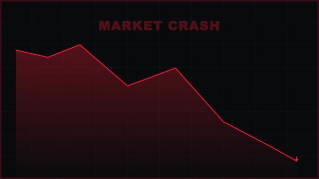 A stark red line graph depicting a market crash, illustrating a sharp decline in financial performance against a dark background.
