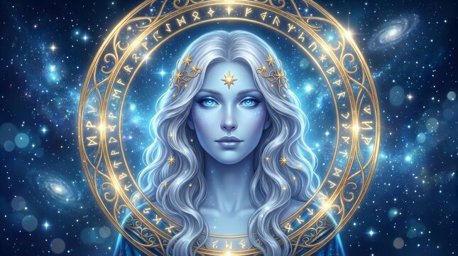 Beautiful fictional woman representing the Virgo zodiac sign against a magic starry sky.