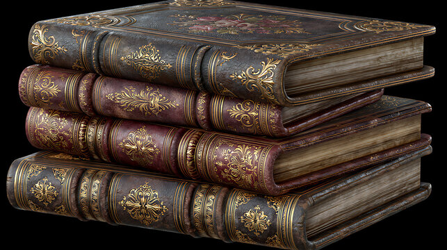 Stack of antique leather bound books with gold tooling isolated on black