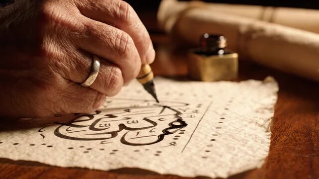 Elderly hands writing Arabic calligraphy with quill pen and inkwell