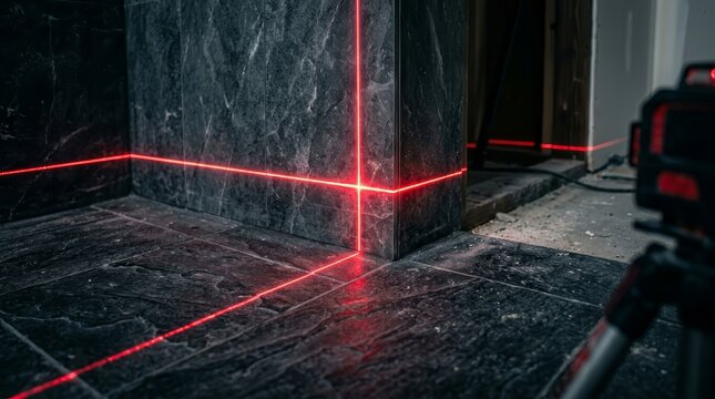 Red laser light lines used for level measurement during bathroom interior construction.