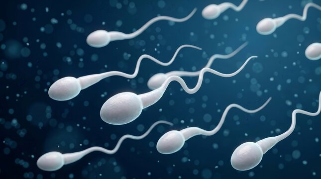 A group of white sperm cells swimming through a blue microscopic environment.