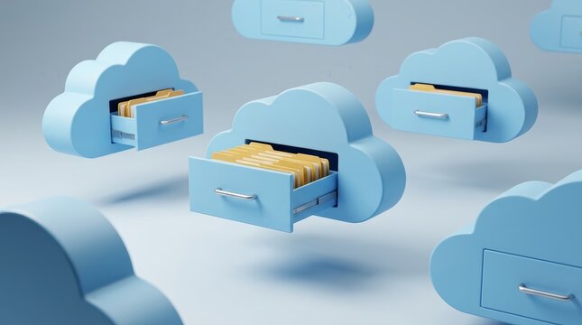 Concept of cloud storage technology with blue cloud shaped filing cabinets
