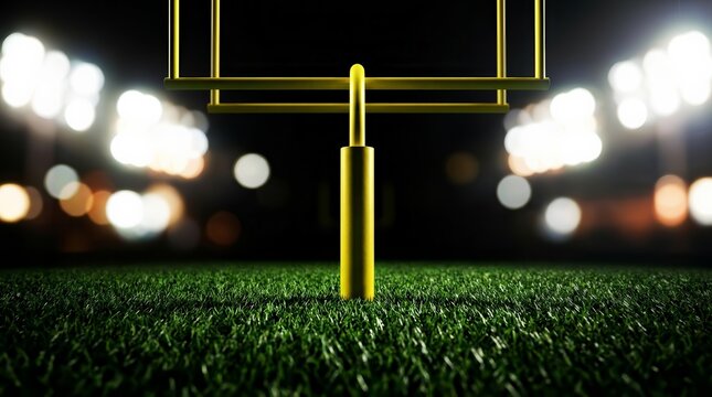 American football field goal post on a green grass field at night.