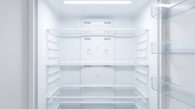 Empty shelves inside a white refrigerator with no food.