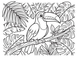 Naklejka premium Coloring Page Toucan Bird Sitting On A Tree Branch Surrounded By Tropical Leaves Line Art