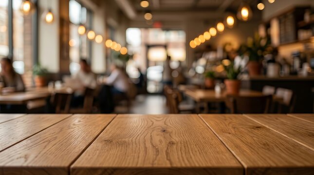 Empty wooden desk with a blurred coffee shop background.