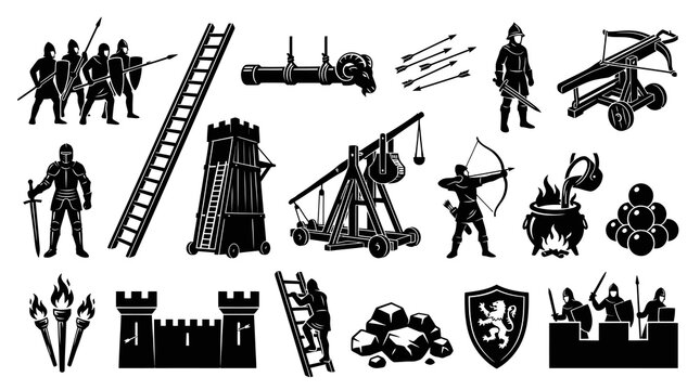 Medieval Warfare Icons: Knights, Siege Weapons, Castle, Armor, Weapons, Black  White