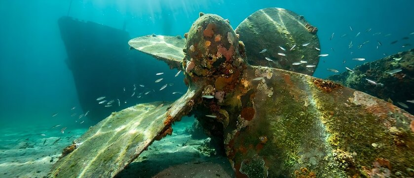 Corroded Propeller of a Sunken Aircraft Carrier Amid a Vibrant Underwater Ecosystem: Sunbeams Pierce the Deep Blue Water, Highlighting Marine Growth, Barnacles, and Schools of Fish Swirling Around the